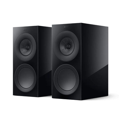 Boxe de raft KEF R3 Meta negre, vedere frontală, difuzoare Uni-Q și woofer vizibile, finisaj lucios.