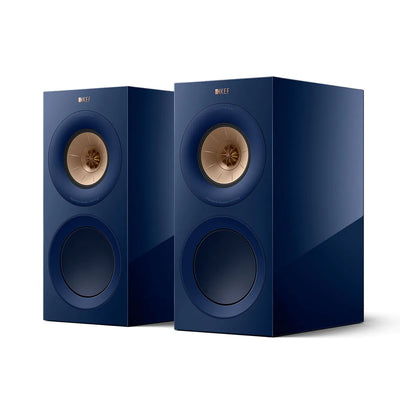 Boxe de raft KEF R3 Meta culoare Indigo, vedere frontală, cu driver Uni-Q și port bass vizibile.