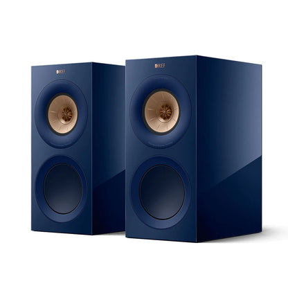 Boxe de raft KEF R3 Meta culoare Indigo, vedere frontală, cu driver Uni-Q și port bass vizibile.