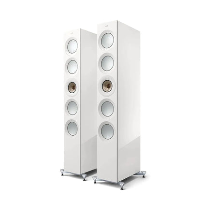 Boxe de podea KEF Reference 5 Meta r51_1, finisaj alb, vedere frontală, 4 woofere și driver Uni-Q.