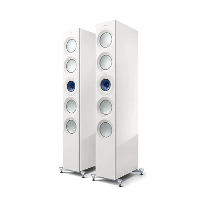Boxe de podea KEF Reference 5 Meta r54_1, finisaj alb, vedere frontală, 4 woofere și 1 driver Uni-Q.