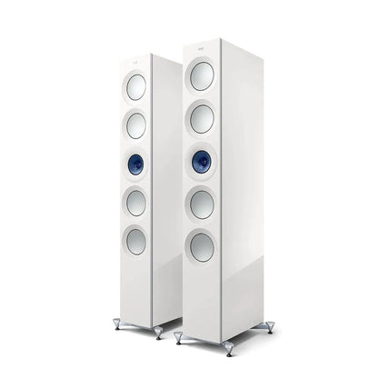 Boxe de podea KEF Reference 5 Meta r54_1, finisaj alb, vedere frontală, 4 woofere și 1 driver Uni-Q.