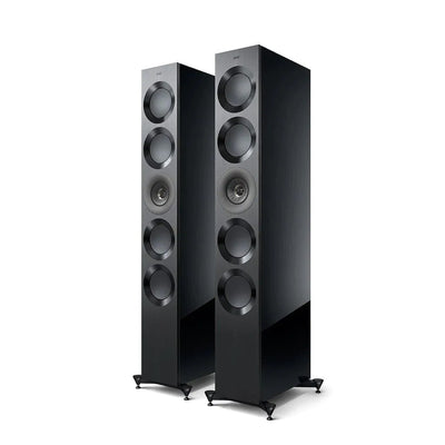 Boxe de podea KEF Reference 5 Meta negre, vedere frontală, 4 woofere, 1 driver Uni-Q central vizibil.