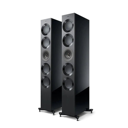 Boxe de podea KEF Reference 5 Meta negre, vedere frontală, 4 woofere, 1 driver Uni-Q central vizibil.