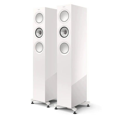 Boxe de podea KEF R5 Meta white gloss, vedere frontală în pereche, fără grile, cu 3 difuzoare vizibile.
