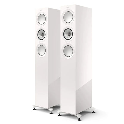 Boxe de podea KEF R5 Meta white gloss, vedere frontală în pereche, fără grile, cu 3 difuzoare vizibile.