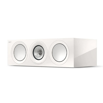 Boxa centru KEF R6 Meta, culoare White Gloss, vedere frontală în perspectivă fără grilaj, 3 difuzoare vizibile.