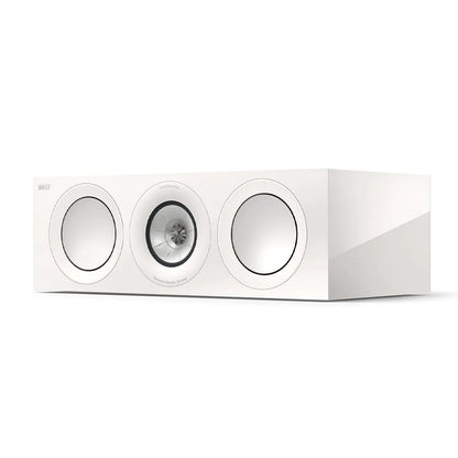 Boxa centru KEF R6 Meta, culoare White Gloss, vedere frontală în perspectivă fără grilaj, 3 difuzoare vizibile.