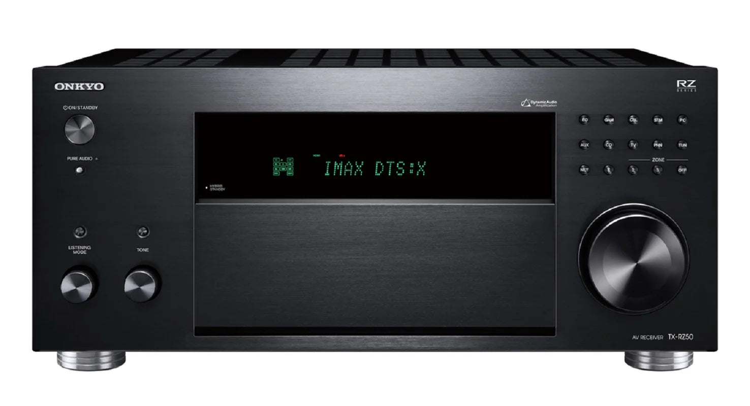 Receiver AV Onkyo TX-RZ50 negru, vedere frontală cu afișaj IMAX DTS:X, butoane control și selector zonă.