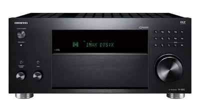 Receiver AV Onkyo TX-RZ50 negru, vedere frontală cu afișaj IMAX DTS:X, butoane control și selector zonă.