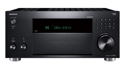 Receiver AV Onkyo TX-RZ50 negru, vedere frontală cu afișaj IMAX DTS:X, butoane control și selector zonă.