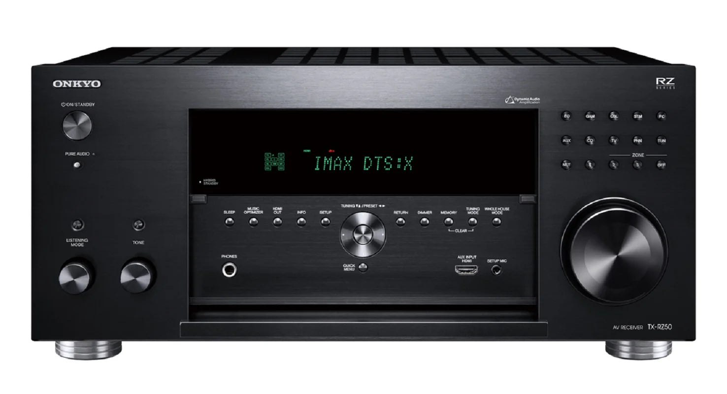 Receiver Onkyo TX-RZ50 negru, vedere frontală cu butoane de control, afișaj IMAX DTS:X și port HDMI.