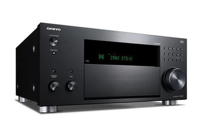 Receiver Onkyo TX-RZ50 negru, vedere frontală laterală dreapta, afișaj IMAX DTS:X, buton volum mare.