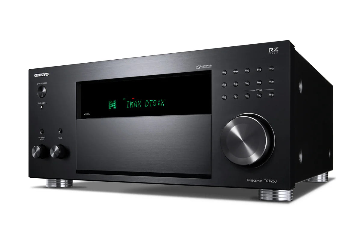 Receiver Onkyo TX-RZ50 negru, vedere din dreapta-față, afișaj IMAX DTS:X, buton volum mare, comenzi frontale.