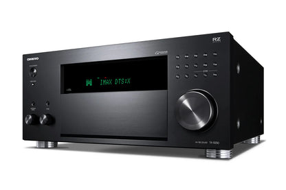 Receiver Onkyo TX-RZ50 negru, vedere din dreapta-față, afișaj IMAX DTS:X, buton volum mare, comenzi frontale.