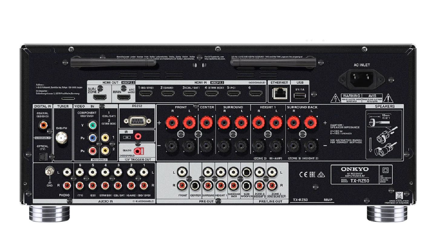 Panou spate Onkyo TX-RZ50, negru, cu multiple porturi HDMI, audio RCA, ieșiri boxe și conexiuni rețea.