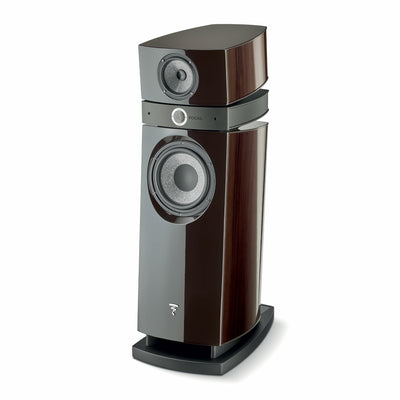 Focal Scala Utopia Evo, vedere laterală, culoare nuc închis, difuzoare vizibile, logo Focal frontal.