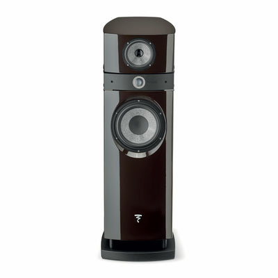 Focal Scala Utopia Evo Boxe de podea, vedere frontală, culoare negru nuc, difuzoare vizibile, logo Focal.