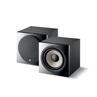 Subwoofer Focal SUB 1000F, vedere frontală și laterală, negru, grilă detașabilă, difuzor vizibil.