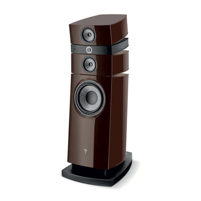 Focal Stella Utopia EM Evo, vedere laterală, culoare ciocolată. Prezintă difuzoare și bază solidă.