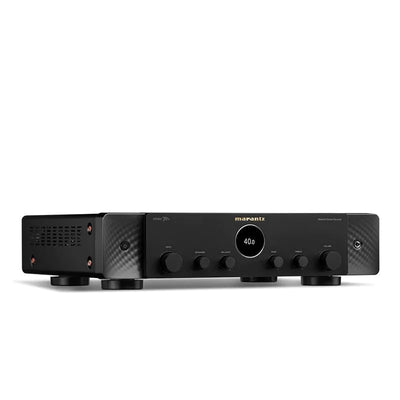 Receiver Marantz Stereo 70s negru, vedere frontală, afișaj central rotund, butoane volum, ton și intrare.