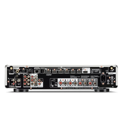 Spate Marantz Stereo 70s Receiver argintiu, cu porturi HDMI, intrări RCA, conexiuni difuzoare și antenă.