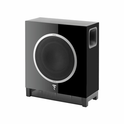 Subwoofer Focal SUB AIR negru, vedere din unghi de 34 de grade, grilaj frontal și port de bas lateral.
