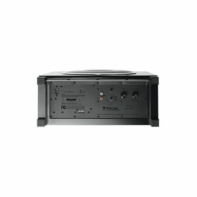Subwoofer Focal SUB AIR, vedere din spate, negru, cu panou de control și conexiuni audio vizibile.