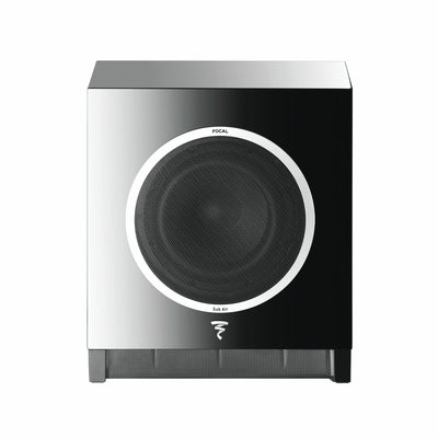 Subwoofer Focal SUB AIR, față neagră, grilaj frontal vizibil, logo Focal, design compact pentru home theater.
