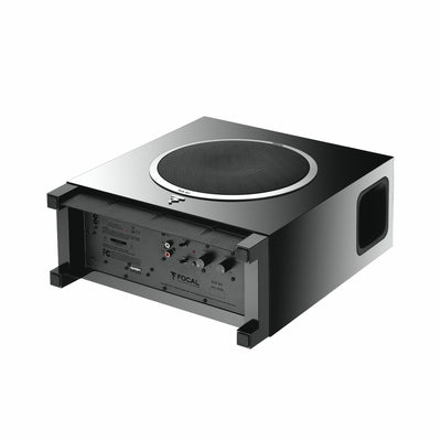 Subwoofer Focal SUB AIR, vedere orizontală, culoare neagră, panou spate cu conexiuni și comenzi vizibile.