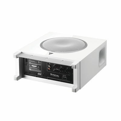 Subwoofer Focal SUB AIR alb, vedere orizontală. Panou de control și conexiuni audio vizibile.