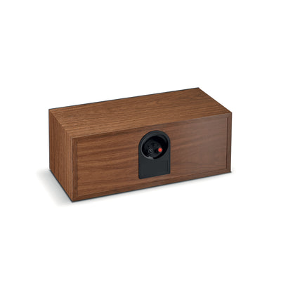 Spatele Focal Theva Center Boxe Centru, finisaj lemn, cu conectori vizibili pentru cabluri audio.