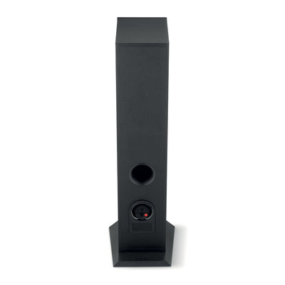 Spatele boxei Focal Theva N2, culoare neagră, arată portul bass reflex și conectorii pentru cabluri audio.