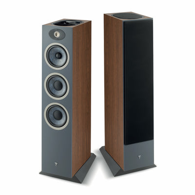 Focal Theva N3-D Boxe de podea, vedere dublă, finisaj lemn, trei difuzoare frontale și tweeter vizibile.
