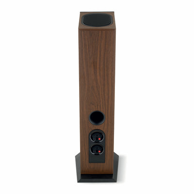 Focal Theva N3-D Boxe de podea, vedere din spate, culoare lemn, port bass reflex și conexiuni vizibile.