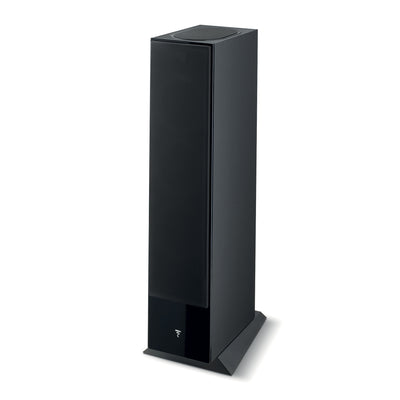 Focal Theva N3-D Boxe de podea, vedere laterală, culoare negru, cu grilă frontală și bază stabilă.