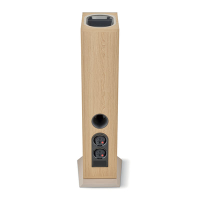 Spatele boxei Focal Theva N3-D, finisaj lemn deschis, arată portul de bas și conectorii de cablu.