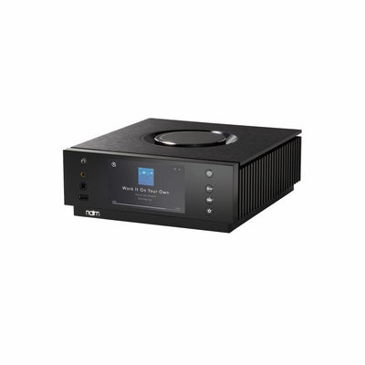 Naim Uniti Atom Headphone Edition Amplificator, vedere din unghi de 34 de grade, negru, ecran activ.