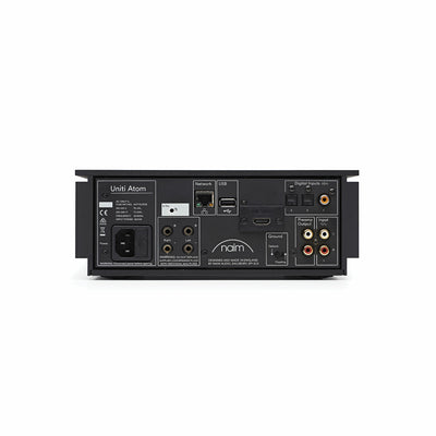 Spatele Naim Uniti Atom Amplificator, negru, cu porturi USB, HDMI, rețea, intrări digitale și ieșiri audio.