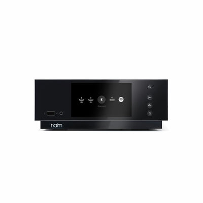 Naim Uniti Atom Amplificator, vedere frontală, negru. Ecran central cu butoane de control lateral.
