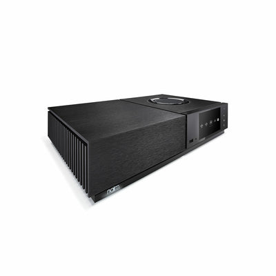 Amplificator Naim Uniti Nova FM/DAB+ negru, vedere din unghi de 34 de grade, panou frontal cu port USB și butoane vizibile.