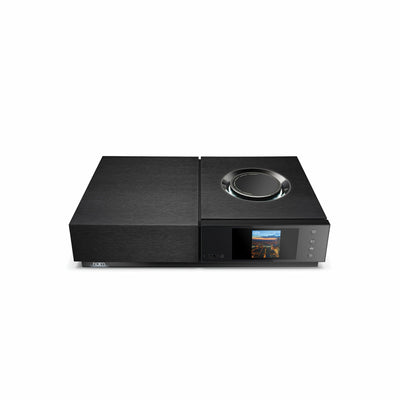 Amplificator Naim Uniti Nova, vedere de sus, negru, cu ecran color și butoane laterale vizibile.