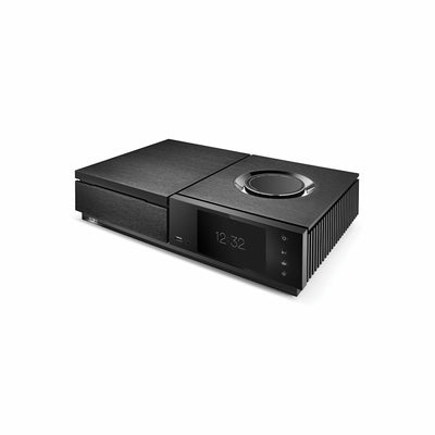 Amplificator Naim Uniti Star FM/DAB+ negru, vedere din unghi de 34 de grade. Afișaj digital și port USB.