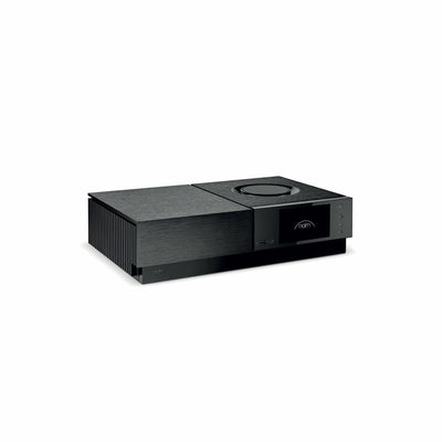 Amplificator Naim Uniti Nova PE, vedere din unghi de 34 de grade, negru, afișaj frontal și butoane laterale.