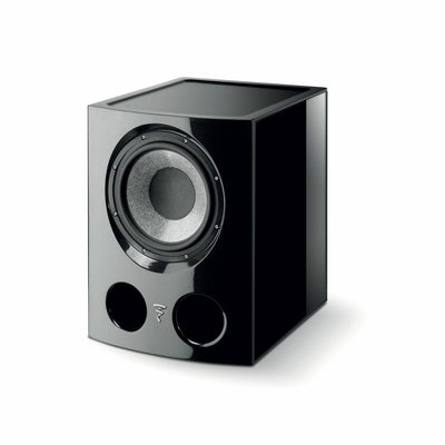 Subwoofer Focal SUB UTOPIA EM COLOUR EVO, vedere frontală, negru, difuzor mare și două porturi bas.