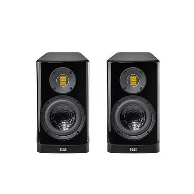 Boxe Elac Vela BS 403.2 negre, vedere frontală, difuzoare midbass cu structură geometrică și tweeter AMT.