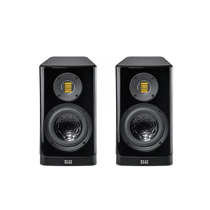Boxe Elac Vela BS 403.2 negre, vedere frontală, difuzoare midbass cu structură geometrică și tweeter AMT.
