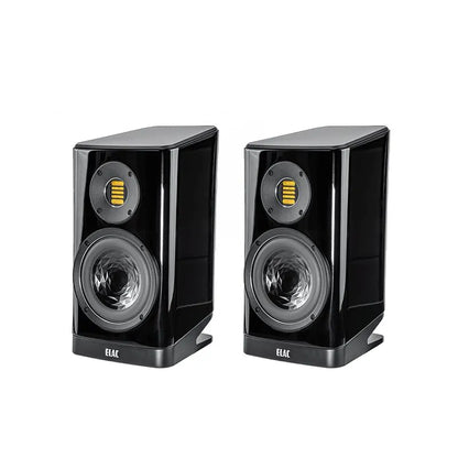 Boxe Elac Vela BS 403.2 negre, vedere frontală, tweeter AMT și woofer cu con texturat vizibile.