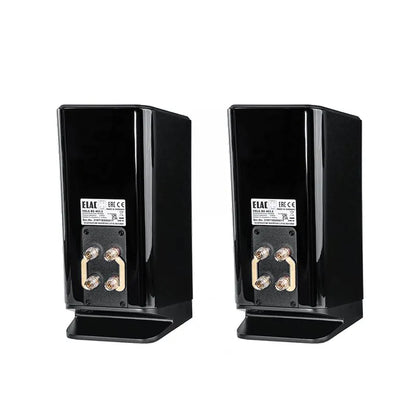 Spate boxe Elac Vela BS 403.2 negre, conectori bi-wire placati cu aur și plăcuțe de identificare vizibile.