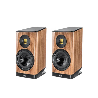 Boxe Elac Vela BS 403.2 finisaj walnut, vedere frontală, tweeter JET 5 și woofer cu structură cristalină.